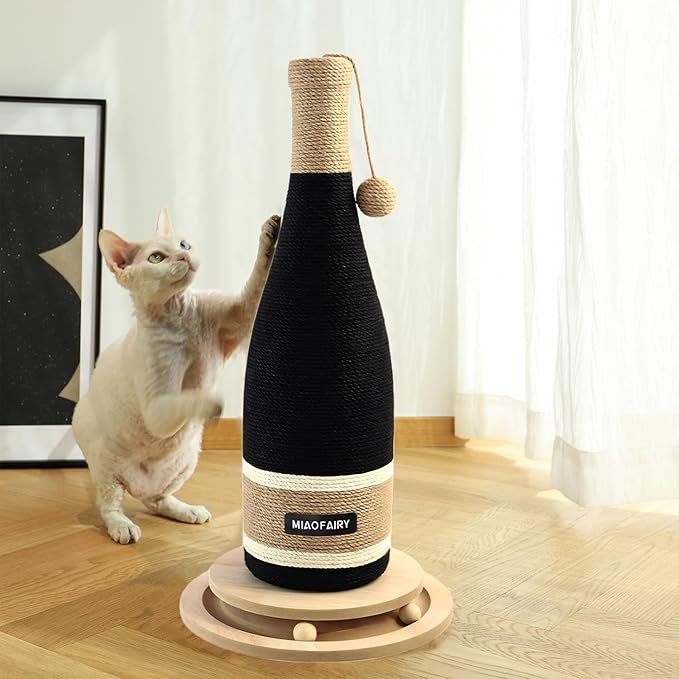 Cat Scratching Post, Premium Cat Scratching Board, Sisal Fiber Cat Scratcher-24.8 Inches with Hanging Ball, Red Wine Bottle Simple Design-Suitable Indoor Small and Medium Cats (24.8 in, Wooden Base)