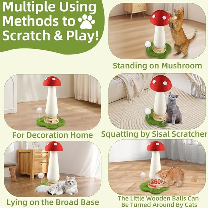 Mushroom Cat Scratching Post, Mushroom Cat Tree with Interactive Ball Track Spring Ball Cat Toys, Cute Cat Scratching Post for Indoor Kittens Adults, 100% Sisal Covered