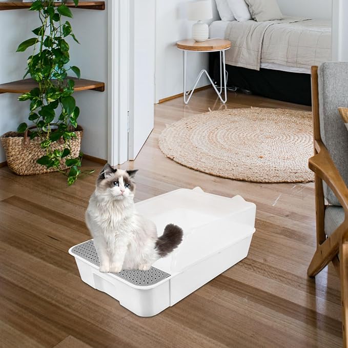 Detachable Semi-Enclosed Cat Litter Box Splash-Resistant Small White Cat Toilet Pan for Indoor Kitten Training and Litter Housebreaking
