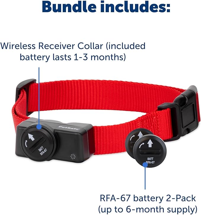 PetSafe Wireless Pet Containment System Receiver Collar for Dogs Over 8 lb, Battery-Operated & Waterproof with 5 Correction Levels, Bundled with 2-Pack Replacement RFA-67 6V Batteries