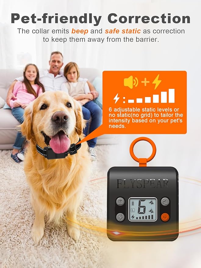 FLYSPEAR Wireless Pet Barrier - Rechargeable Indoor Barrier with 6 Adjustable Range Radius up to 7 ft, 6 Adjustable Safe Static Intensity, Electric Fence for Dogs with Hook (Wireless Barrier Kit)