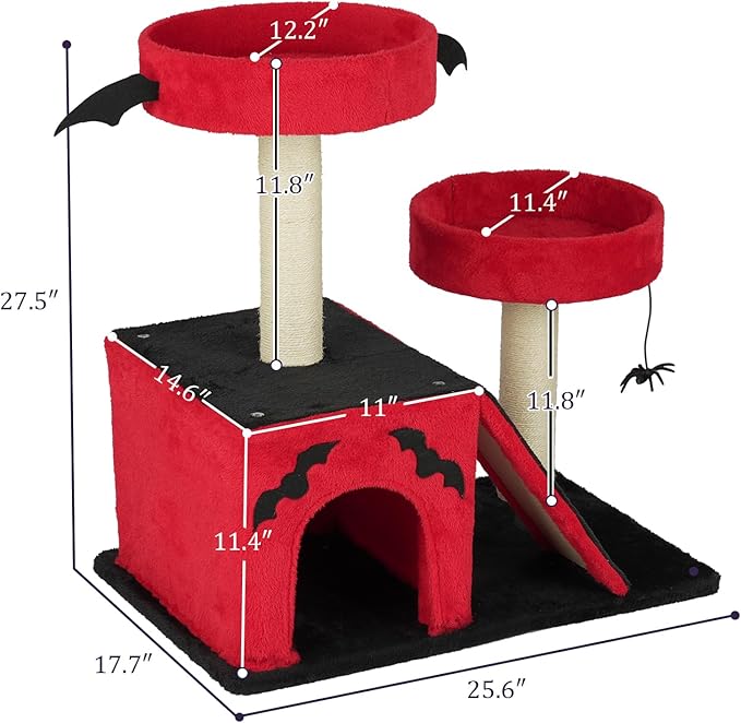 Gothic Cat Tree Tower for Large Cats, Red and Black, 27.5 Inches, with Condo, Perches, Sisal Scratching Posts, Ladder, Spider Toy, Halloween Theme