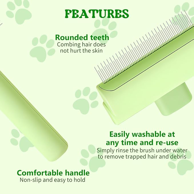 Pet Hair Removal Comb Flea Comb, 2025 New Cat Grooming Brush with Release Button, for Massaging and Cleaning Shedding Pets Hairs, De-Shedding Cat Brush for Short and Long Hair Cats (Blue+Green)
