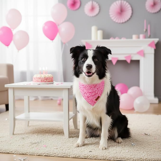 PTDECOR Pink Happy Birthday Dog Bandana, Premium Durable Fabric, Triangle Scarf for Dog Birthday Party Supplies, Pink Pet Bandana for Medium Large Dogs Pets (Large)