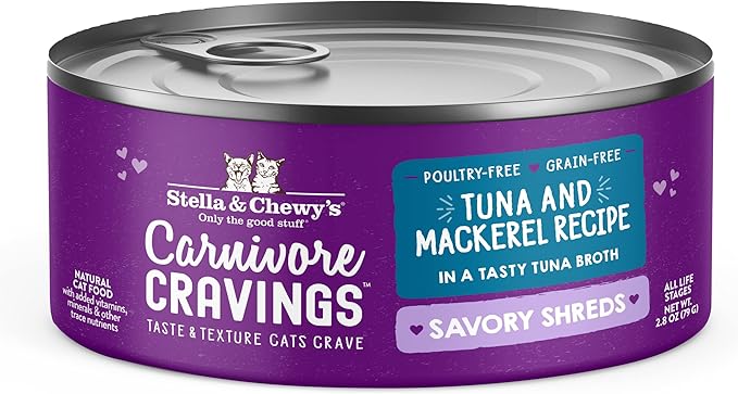 Stella & Chewy's Carnivore Cravings Savory Shreds - Wet Cat Food - High-Moisture Formula with Wild-Caught Tuna & Mackerel - Perfect for Picky Eaters - 2.8 oz, 12 Count