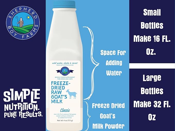 Shepherd Boy Farms Freeze Dried Raw Goats Milk with Probiotics for Dogs & Cats (Classic), High Protein Digestible Goat Milk for Sensitive Stomachs, Food Topper, Dog Camping Essentials - Makes 32 FL OZ