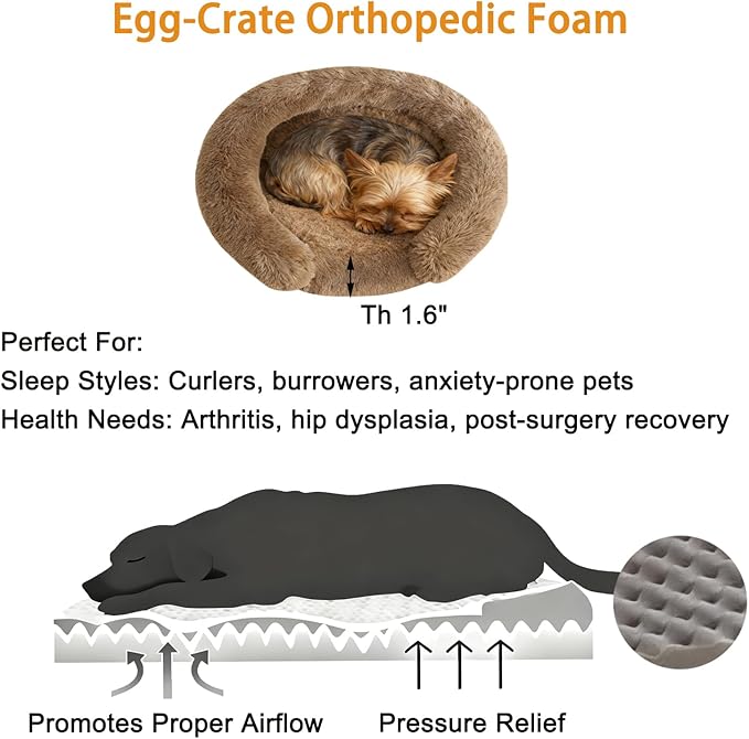 Calming Dog Bed for Small Medium Dogs, Anti-Anxiety Donut Washable Puppy Bed Orthopedic Cushion, Soft Fluffy Faux Fur Plush Warming Cozy Cat Bed, Fits up to 25 lbs Pets (Round, Coffee 23")