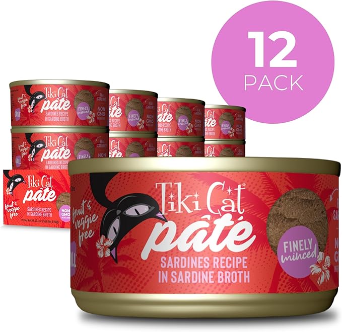 Tiki Cat Grill Pâté, Sardines, High-Protein and 100% Non-GMO Ingredients, Wet Finely Minced Cat Food for All Life Stages, 2.8 oz. Cans (Pack of 12)