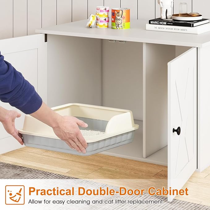 Tangkula Cat Litter Box Enclosure, Hidden Cat Washroom Cabinet with Double Doors, Divider, Side Entry, Indoor Wooden Cat House End Table, Enclosed Litter Box Furniture (White)