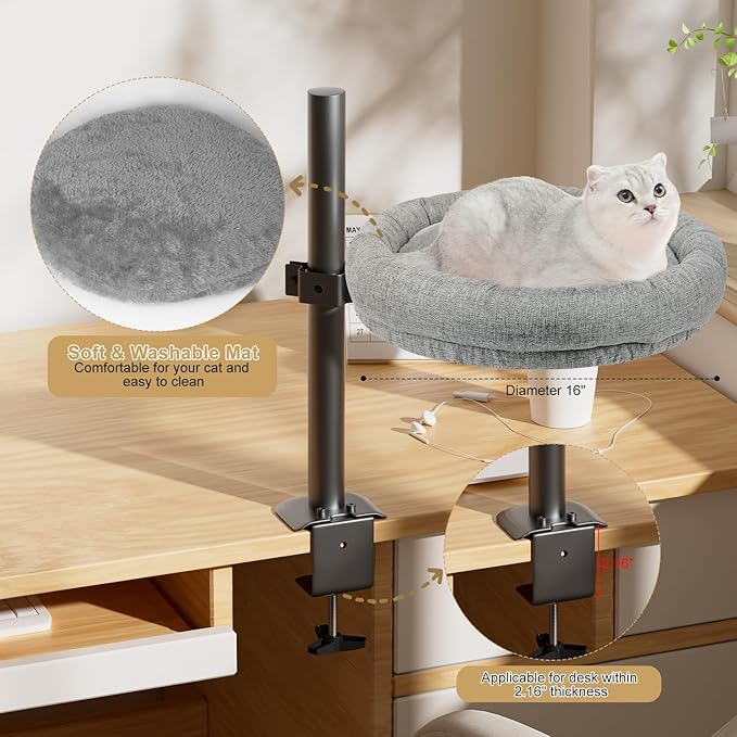 Cat Bed - with 360 Rotation & Adjustable Height - Soft & Comfortable - Indoor Cats Up to 40 lbs (Grey)