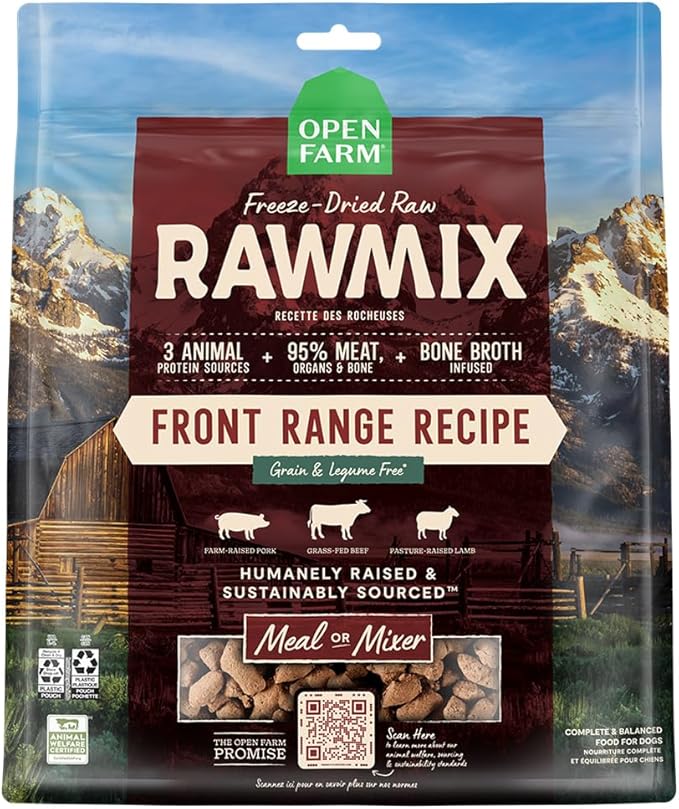 Open Farm, RawMix Freeze Dried Raw Morsels, Dog Food Topper & Meal Mixer, High Protein & Bone Broth Infused with 95% Real Meat Front Range Recipe with Beef, Pork & Lamb, 13.5oz Bag