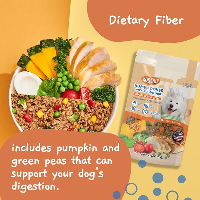 MOOCHIE Home Cooked Superfood Wet Dog Food - Beauty Skin & Coat - Chicken, Pumpkin & Tomato - No Artificial Flavors or Preservative - 6 x 9 oz Pouch