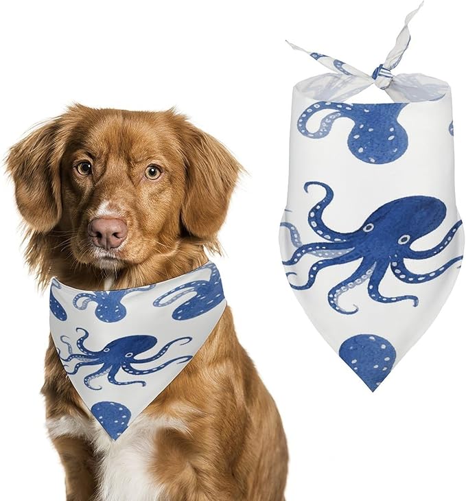 Dog Bandana Spring Pet Scarf Adjustable Triangle Blue Octopus Printing Dog Bib Washable Polyester Puppy Bandana for Small Medium Large Dogs Cat Birthday Party Supplies