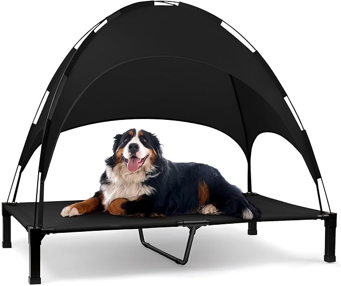 Heeyoo Elevated Dog Bed with Canopy, Portable Dog Cot with Removable Shade Tent, Outdoor Raised Pet Cot Cooling Bed for Dogs