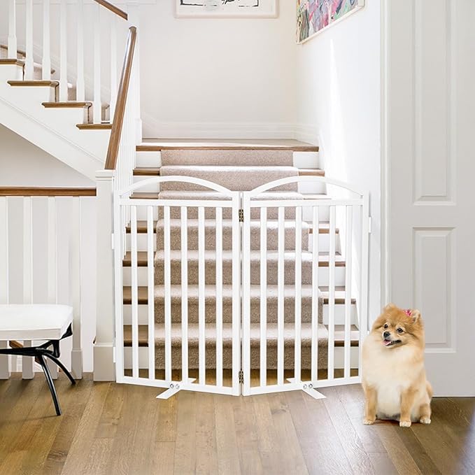 Malier Metal Freestanding Dog Gates with Door, 32'' Height Outdoor Indoor Dog Fences, Extra Wide Foldable Puppy Gate for Stairs (White, 【2 Panels】 40''W × 32''H)