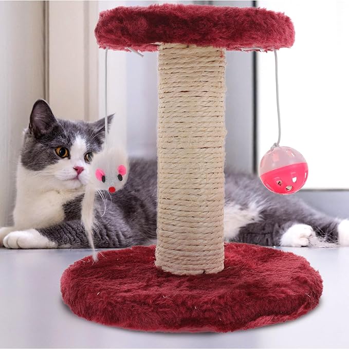 Cabilock Indoor Cat Scratching Post with Hanging Balls Double-Layer Sisal Scratching Tower Small Floor Cat Scratcher for Kittens with Bell Accessory Random Color