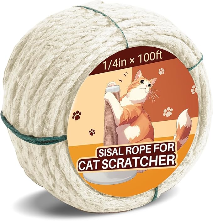 Sisal Rope for Cat Scratcher 1/4" 100 Ft Cat Tree Twine for Repairing Cat Scratching Post Replacement DIY Hemp Rope for Carpet Mat, Pet, and Crafts Gardening Home Decorating