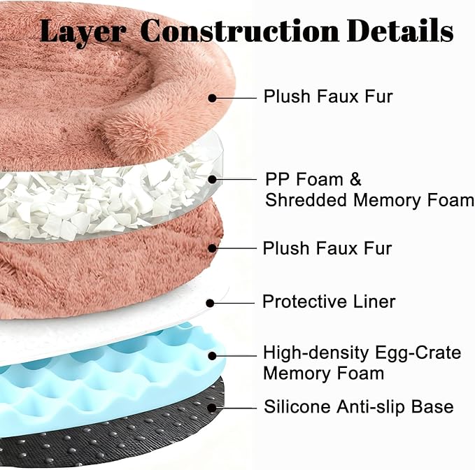 Calming Dog & Cat Beds for Small Medium Dogs Cats, Anti-Anxiety Pet Bed Orthopedic Donut Cushion, Soft Fluffy Faux Fur Warming Cozy Washable, Fits up to 15 lbs Pets (Round, Blush 20")