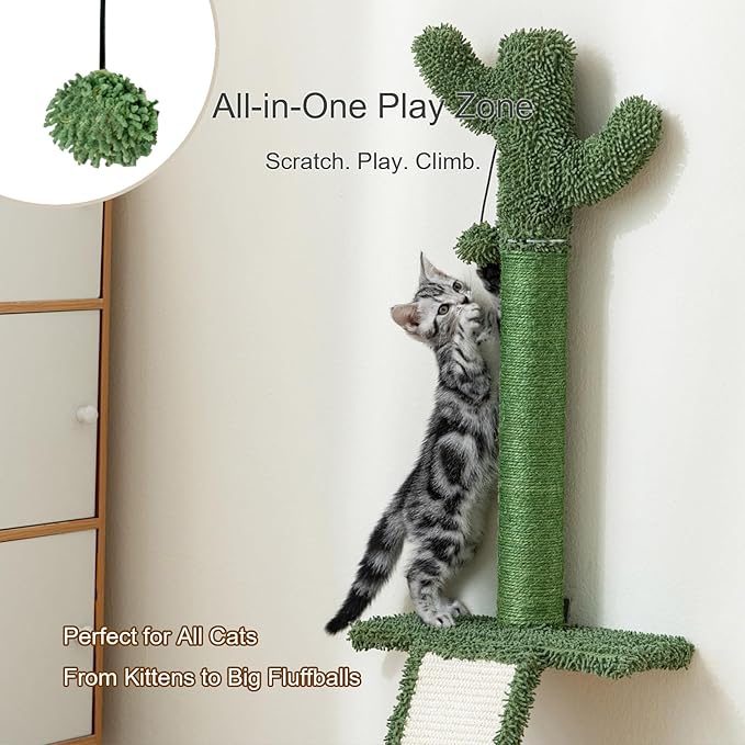 Cactus Wall-Mounted Cat Climbing Tree – Heavy-Duty Sisal Scratching Post with Slanted Board & Hanging Toy – Drill-Mount for All Wall Types, Space-Saving Decorative Cat Furniture