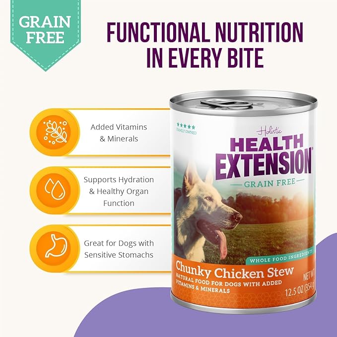 Health Extension Chunky Chicken Stew Grain-Free Wet Dog Food, 12.5 oz – Protein-Rich Recipe, Hydration Support, Ideal for All Breeds (Case of 12 Cans)