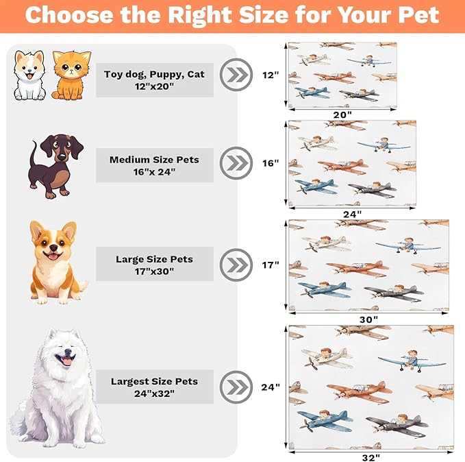 Cartoon Airplane Dog Food Mat for Floors Absorbent, Quick Dry Water Dispenser Mat for Food, Water, Pet Supplies 17" x 30", Colorful Plane