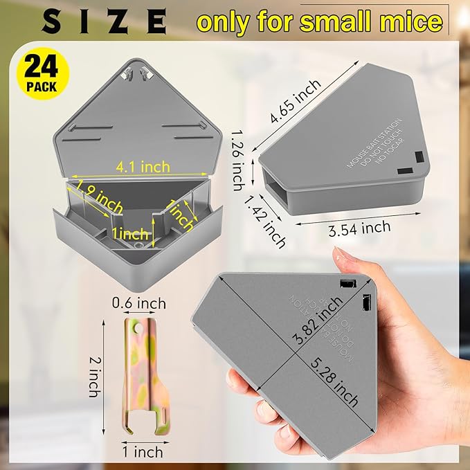 Qualirey Mice Station with Key Triangle Mouse Station Reusable Rodent Trap Box, Keeps Children and Pets Safe Indoor & Outdoor Suitable for Small Mice(Gray,24 Pcs)