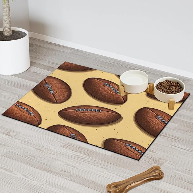 Rugby Dog Food Mat for Floors Absorbent, Quick Dry Water Dispenser Mat for Food, Water, Pet Supplies 17" x 30", American Football Sport
