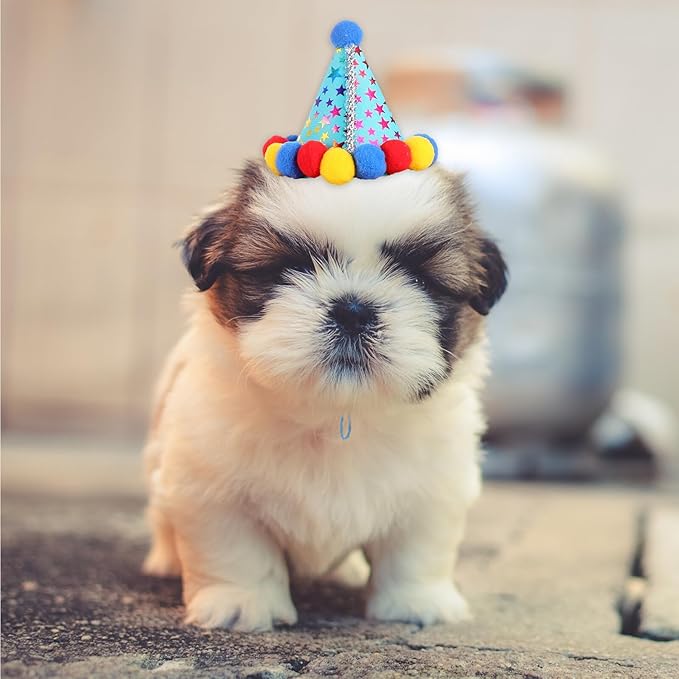 Uonlytech Dog Birthday Scarf and Hat Set for Pets, Blue Cotton Triangle Bandana and Party Hat, Birthday Party Decoration Supplies for Dogs and Puppies