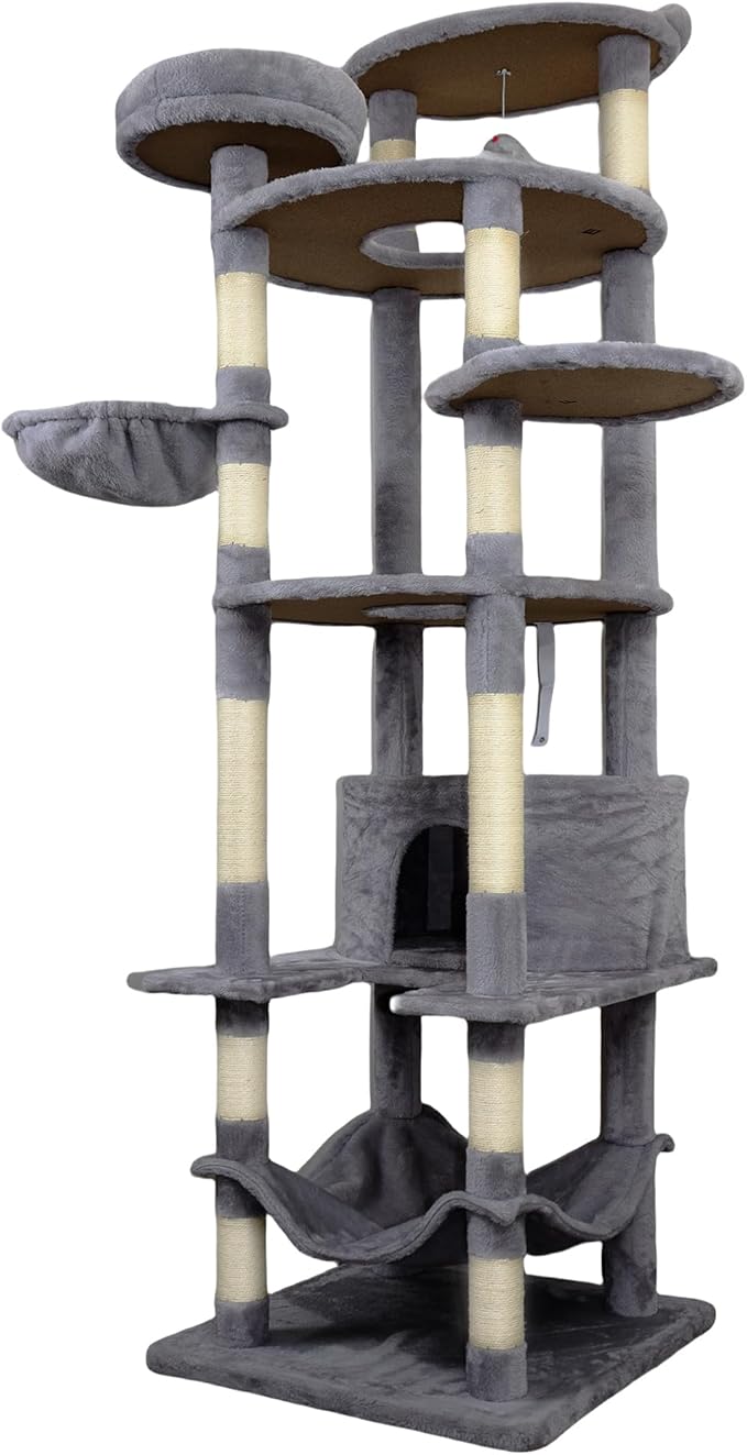 78.8 Inches Cat Tower for Indoor Cats, Cute Cat Tree with Cozy Condo, Platform, Hammock, Sisal Scratch Board and Interactive Toy (Dark Gray)