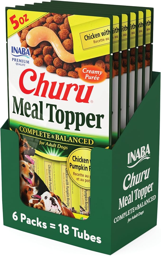 INABA Churu Meal Topper for Dogs, Complete & Balanced, Creamy, Lickable Purée Dog Food Toppers, 1.69 Ounce Tube, 18 Tubes (3 per Pack), Chicken with Pumpkin Recipe