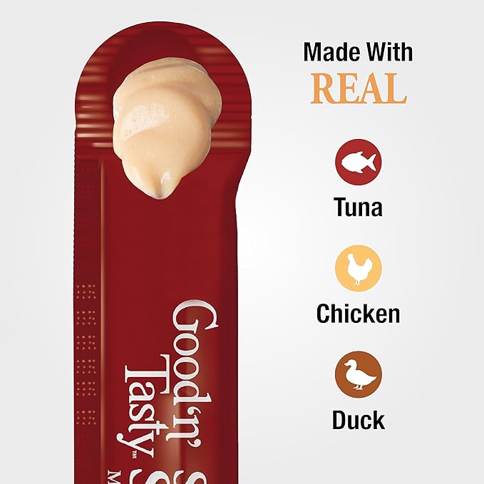 Good 'n' Tasty Savory Spoonables with Real Tuna, Chicken and Duck for Cats, 10 Count, Treat Your Cat to Triple Flavor Squeezable Lickable Wet Treats with Built-in Spoon for Less Mess