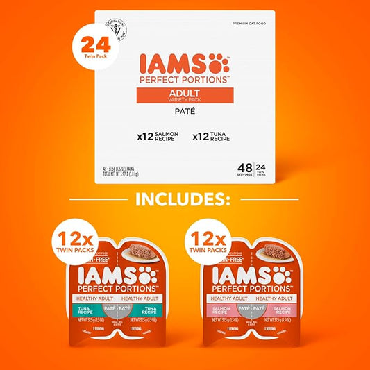 IAMS Perfect Portions Sensitive Digestion & Skin Wet Cat Food Pate, Healthy Adult Grain Free Pate, Salmon and Tuna Recipes, (24) 2.6 oz. Variety Twin-Pack Trays