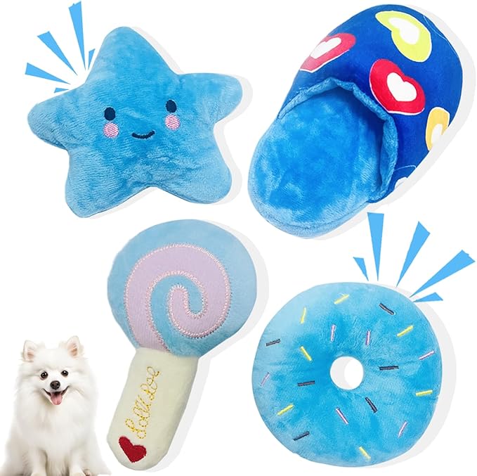 Dog Toys for Small Dogs, 4 Packs Cute Chew Toys for Puppy, Durable Soft Plush Small Dog Toys, Blue Stars Designs, Puppy Teething Toys