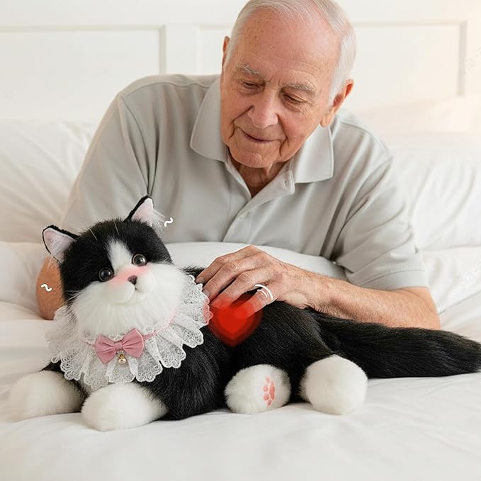 Interactive Companion Robot Cat Pets, Black Cat Stuffed Animals with Small Scarf, Emotional Support Plush with Voice Response, Realistic Heartbeat, Purring Sounds, Volume Control, Rechargeable