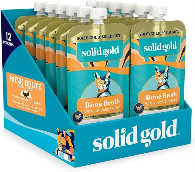 Solid Gold Bone Broth Cat Food Topper - Limited Ingredient Lickable Cat Broth Pouches w/Chicken Protein Shreds & Collagen for Hydration & Gut Support - Easy to Serve Gravy for Cats Meal Topper - 12ct