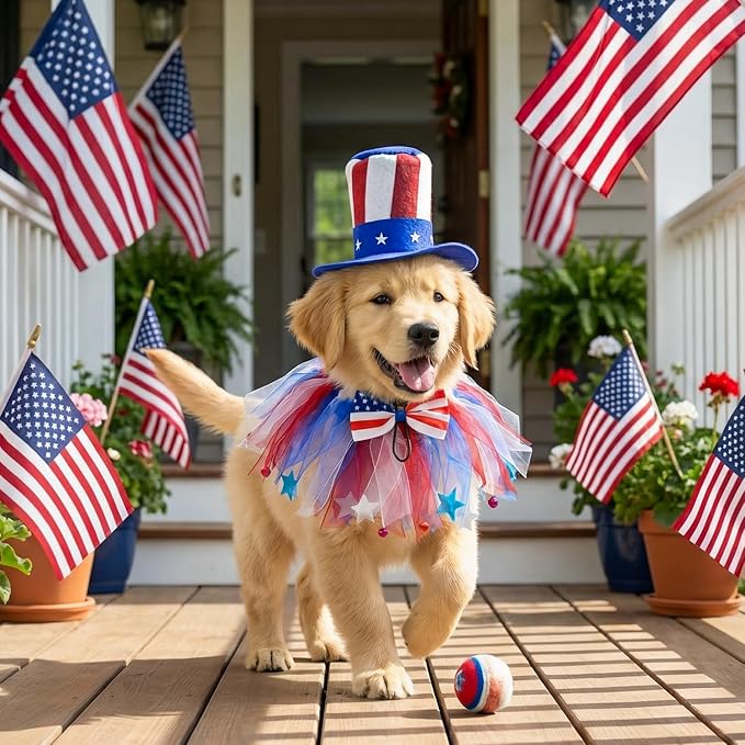 4th of July Dog Outfit Accessories - Small Dog Patriotic Costume with American Flag Collar Top Hat Red White Blue Bow Tie for Small Puppy, Pet Clothes Independence Day Parade Supplies Party Favor