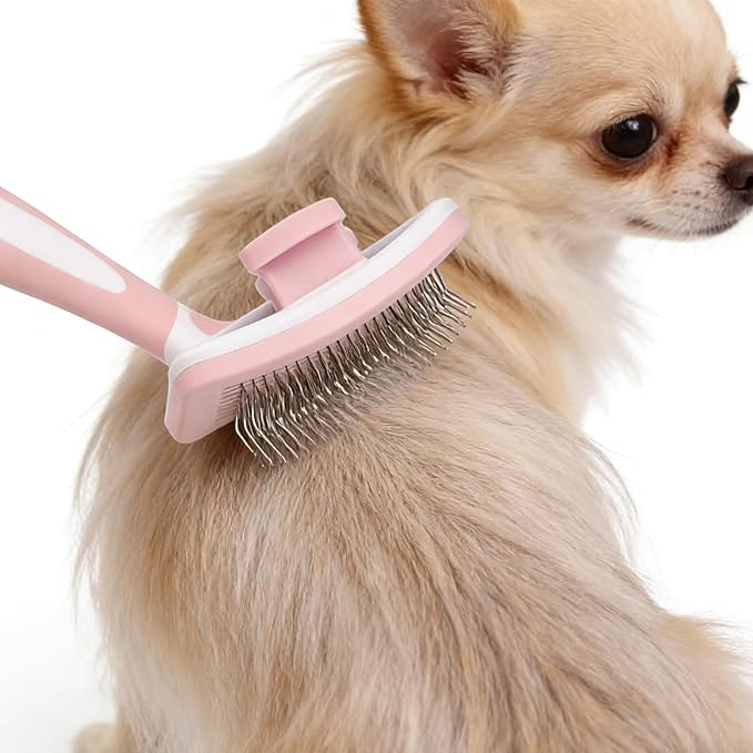 Cat Grooming Brush, Self-Cleaning Slicker Brush, Cat Brushes for Indoor Cats - Easily Removes Loose Undercoat, Pet Massage Tool Suitable for Pets with Long or Short Hair, Quick Clean (Pink)