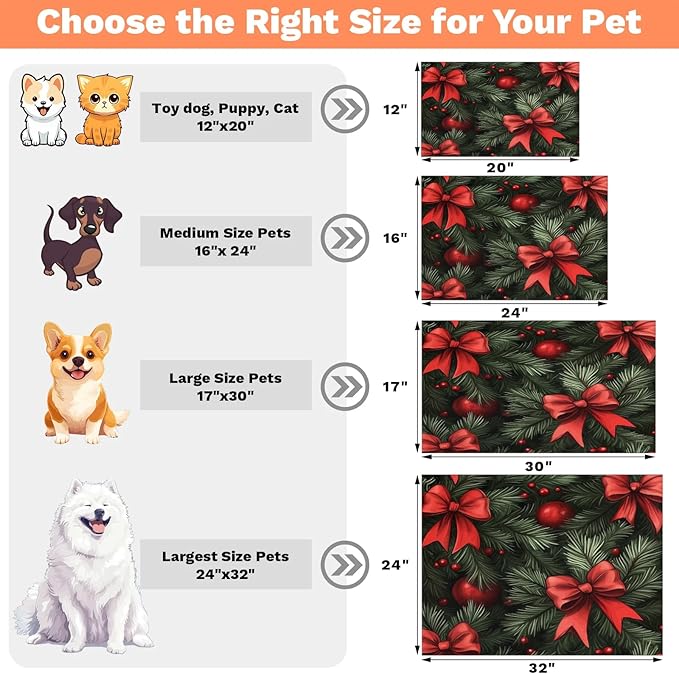 Xmas Pine Tree Dog Food Mat for Floors Absorbent, Quick Dry Water Dispenser Mat for Food, Water, Pet Supplies 12" x 20", Christmas Bow