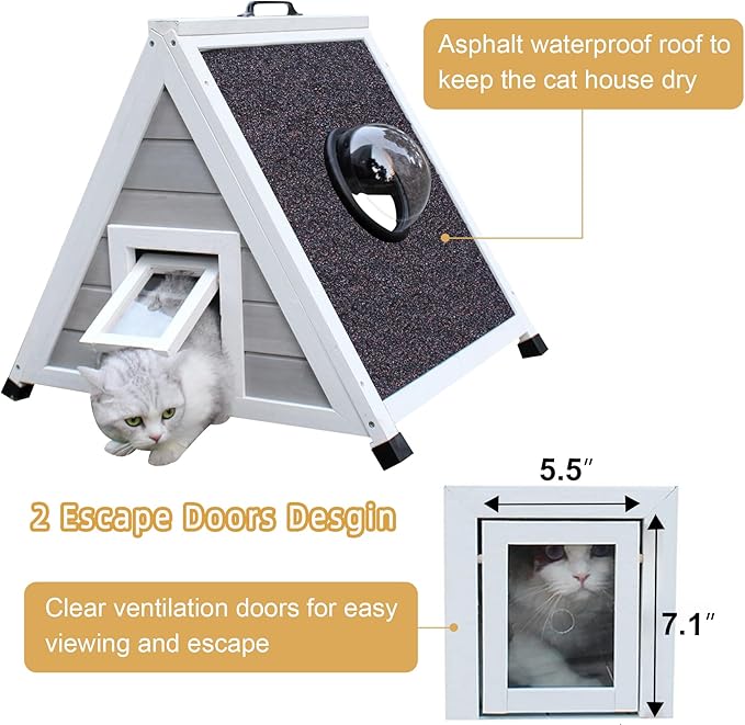 Deblue Weatherproof Cat House for Feral Cats, Outdoor Cat House for Small Cats, Unique Wooden Cat Shelter with Escape Door, Clear Window Fits for Small Pets - Grey