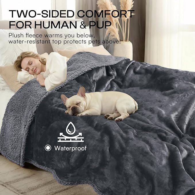 Waterproof Pet Blanket, Liquid Pee Proof Dog Blanket for Sofa Bed Couch, Reversible Sherpa Fleece Furniture Protector Cover for Small Medium Large Dogs Cats, Dark Gray Small（40" x 28"）