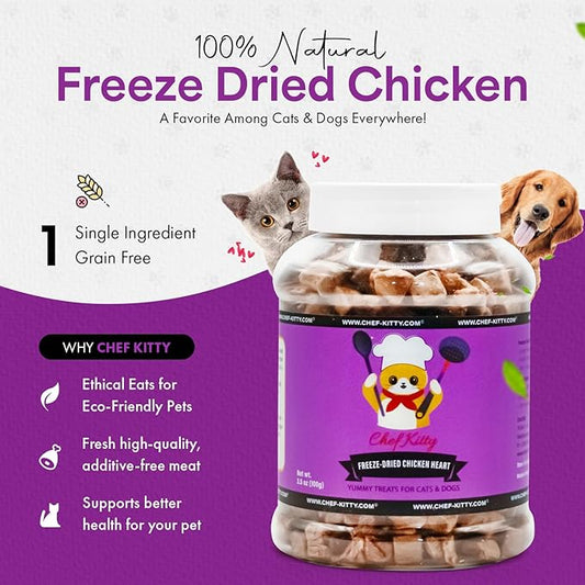 Chicken Hearts for Dogs | Cat Treats Freeze Dried, 100% Human Grade, Single Ingredient | High Protein Cat & Dog Food Toppers | No additives or Preservatives | Inspected & Tested in USA | 2.6 oz.