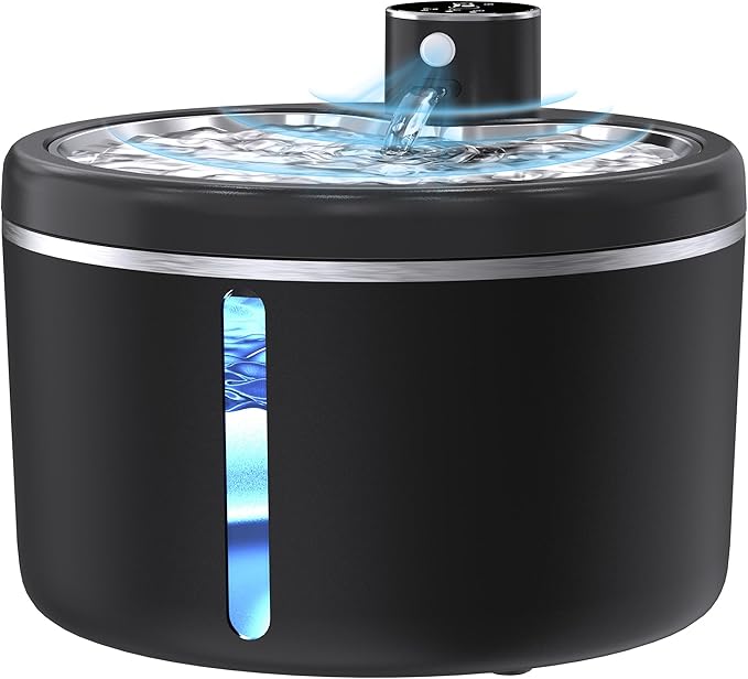 Cat Water Fountain Cordless, 108oz/3L Pet Fountains for Cats Indoor with Stainless Steel Tray, Battery Operated Cat Drinking Fountain with Motion Sensor, Ultra Quiet Pump (Black)