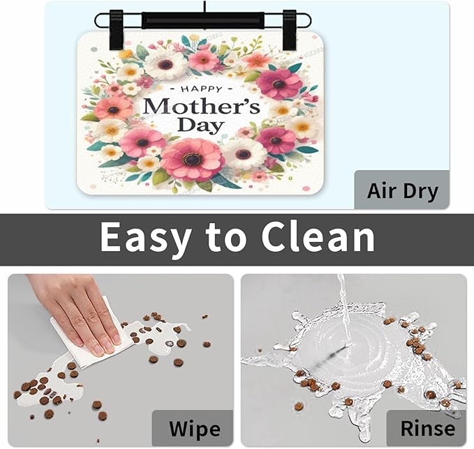 Pet Feeding Mat Happy Mother's Day Floral Gift Mom Dq Dog Food Mat for Food Water No Stains Quick Dry Dispenser Cat Bowl Mats for Messy Drinkers 24x16In