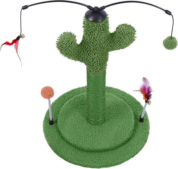 YUNIQUE Cactus Cat Scratching Post with Sisal Rope, Small Cat Tree with Dangling Balls & Feather for Kittens (Green, 20.9'')