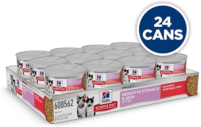 Hill's Science Diet Sensitive Stomach & Skin, Kitten, Stomach & Skin Sensitivity Support, Wet Cat Food, Salmon & Vegetables Stew, 2.8 oz Can, Case of 24