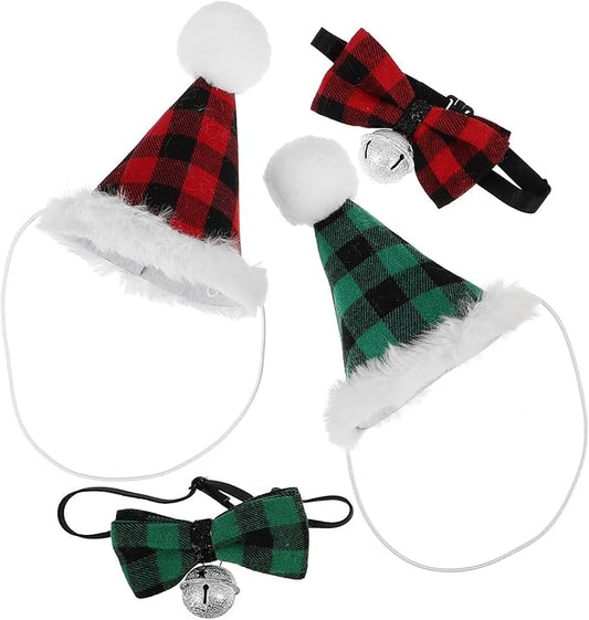 PRETYZOOM Pet Christmas Hat and Bow Tie Set Plaid Adjustable Holiday Party Accessories for Dogs and Cats Festive Costume Supplies