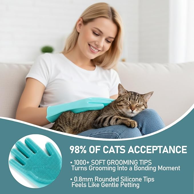 Cat Grooming Gloves for Hair-Removal: Effective at Removing 90% Loose Fur - Keep Home Sofa/Clothes Fur Free Cleaning & Silicone Bristles - Gentle Grooming for Short-long Hair Cats