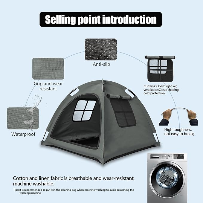 Open Design Pet Tent, Cozy Monitoring Bed for Cats & Puppies, Breathable Mesh Walls for Security & Ventilation, Indoor Outdoor Travel, Grey