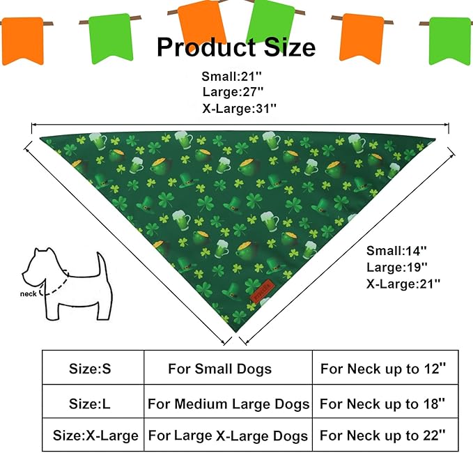 PTDECOR St. Patrick's Day Dog Bandana, Irish Lucky Pet Scarf, Premium Durable Fabric, Green Shamrock Hat Pet Bandanas for Medium Large Dogs Pets (Large)