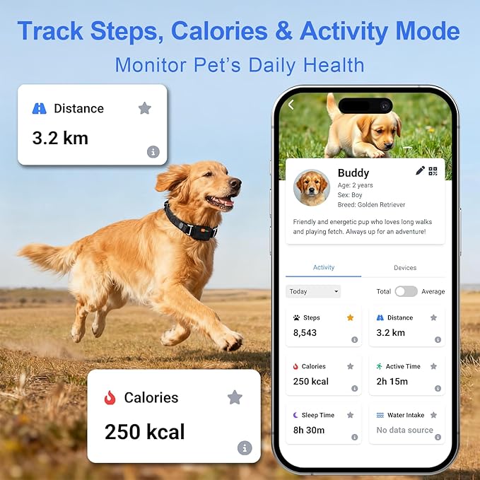 Smart Dog GPS Tracker Collar, First Year Free Subscription, Real-Time Location, Geo-Fence Alerts, Route History, IPX7 Waterproof, 4G Built-in SIM, Health Monitoring